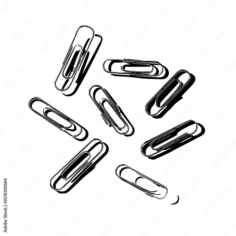 A collection of paper clips scattered on a white surface creating an abstract monochrome arrangement art A collection of paper clips scattered on a white surface creating an abstract monochrome arrangement art