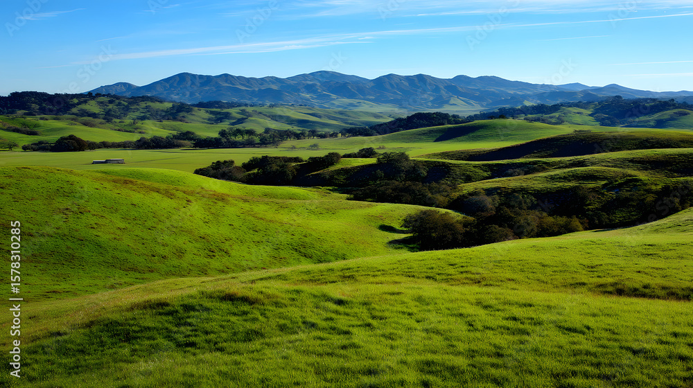 Fototapeta premium Vibrant Green Rolling Hills and Distant Mountains Under a Clear Blue Sky in a Serene Pastoral Landscape