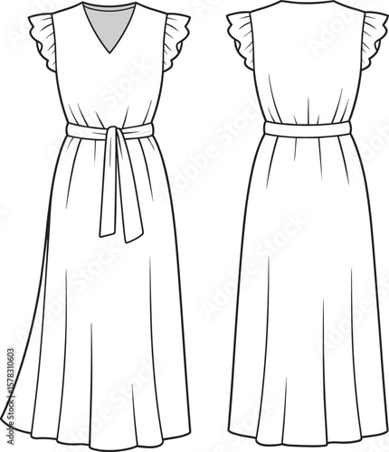 Sleeveless ruffle shoulder belted maxi dress, front and back view, technical flat sketch, fashion design template, vector illustration