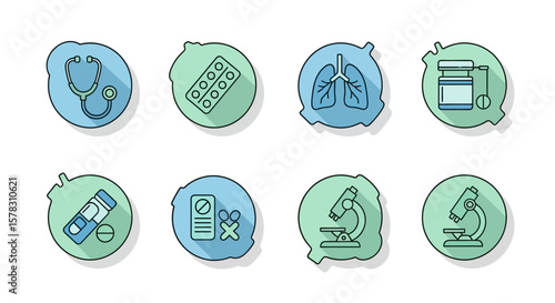 Collection of simple, outlined medical icons in light teal and mint green.