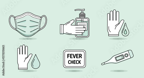 Graphic illustration depicting protective measures against illness: a face mask, hand sanitizer, gloves, fever check sign, and a thermometer.