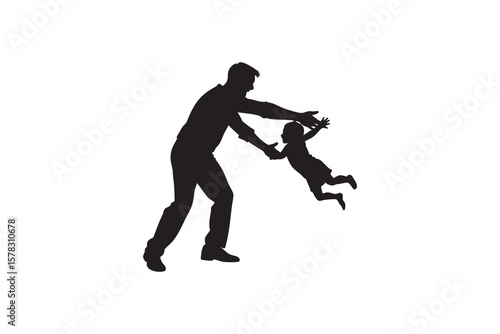 Silhouette of a father catching his child as the child jumps into his arms representing love family and the joy of parenthood and childhood fun