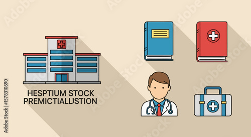 Flat design icons depicting a hospital, medical books, a doctor, and a medical kit.