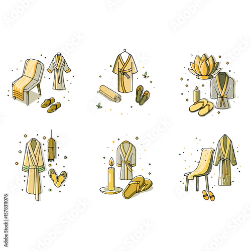 Spa day icon set for wellness blogs, relaxation service branding, beauty clipart, aromatherapy visuals, product poster design, and selfcare presentations