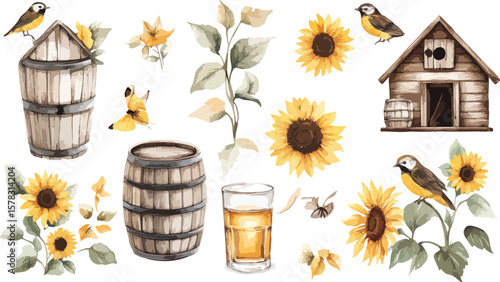 Watercolor Sunflower and Farm Elements Seamless Pattern on White Background Illustration