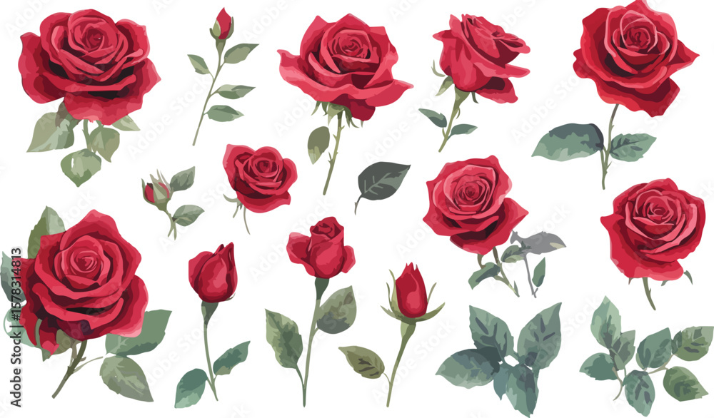 Fototapeta premium Seamless Border of Red Roses with Leaves and Buds on White Background
