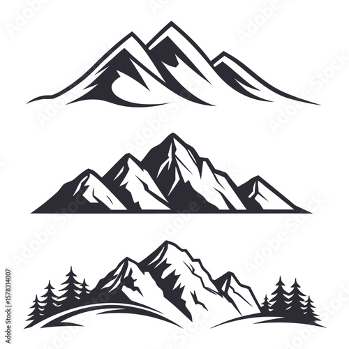 Three Black Mountain Range Silhouettes Vector Icons