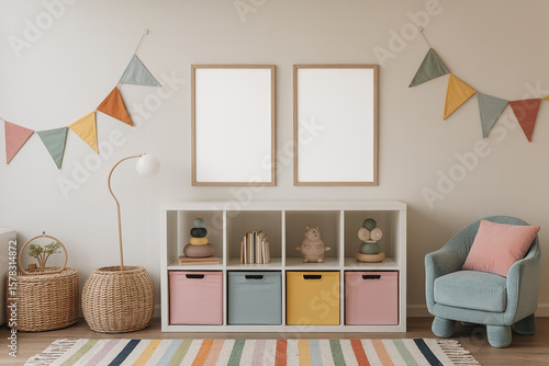 Cozy scandinavian style children s room with colorful decor and empty picture frames
