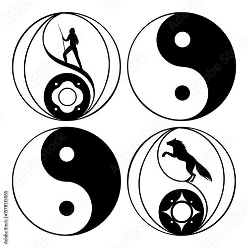 Abstract yin yang inspired shapes with figures symbols