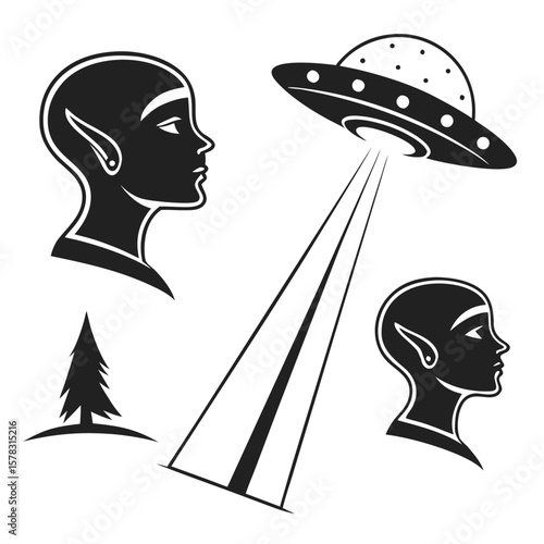 Alien heads U F O and tree silhouettes spaceship flying saucer