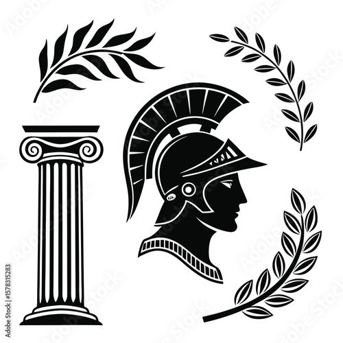 Ancient Greek Warrior Helmet Column Laurel Branches
