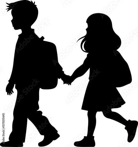 boy and girl going to school , silhouette, woman, couple, people, vector, love, child, illustration, boy, family, black, dance, silhouettes, men, daughter, fashion, kid, person, mother, romance, fun, 
