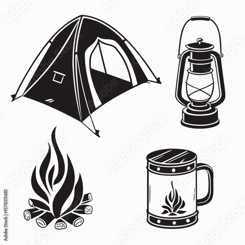 Black and white camping icons tent lantern campfire mug