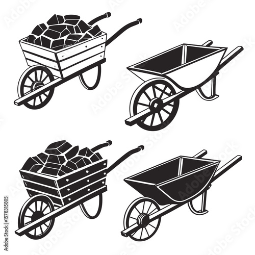 Black and white wheelbarrows with cargo cart load