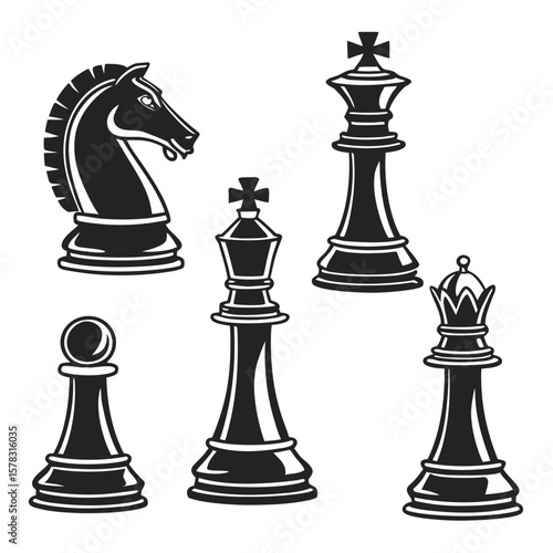 Black chess pieces silhouettes king queen knight pawn