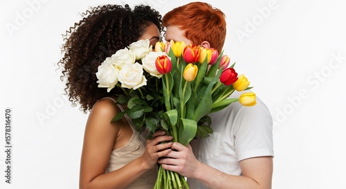 Couple sweetly kisses hidden behind vibrant tulip rose bouquet soft light. AI Generated