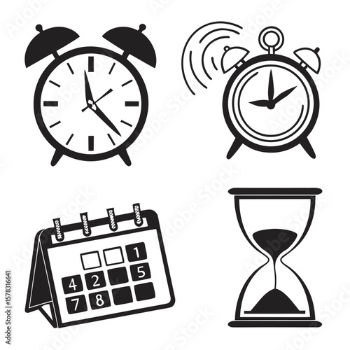 Black icons of alarm clocks calendar and hourglass