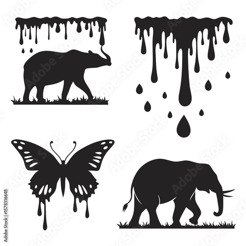 Black ink spills on elephant and butterfly silhouettes
