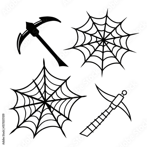 Black pickaxe and spiderweb icons arachnid insect