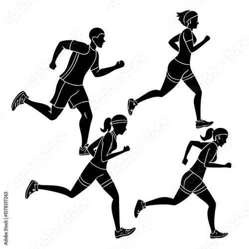 Black silhouettes of athletes running sport fitness