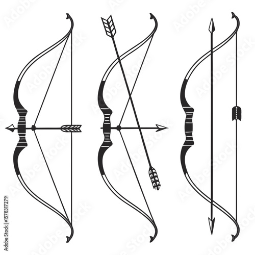 Black silhouettes of bows and arrows archery sport