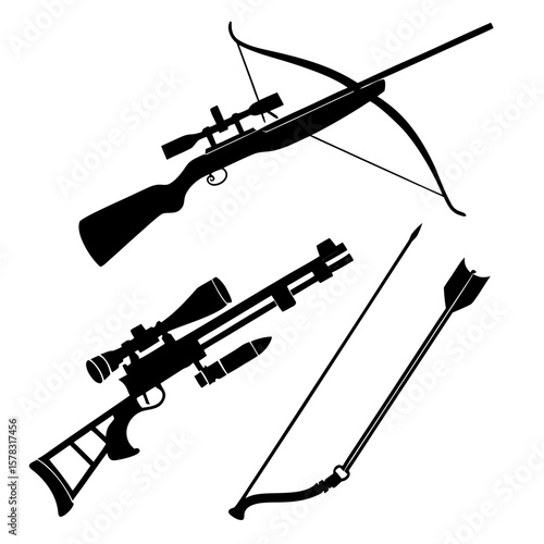 Black silhouettes of hunting and archery equipment