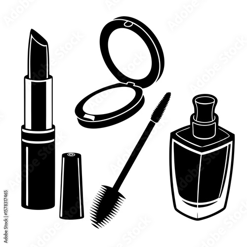 Black silhouettes of lipstick mascara compact powder and perfume bottle