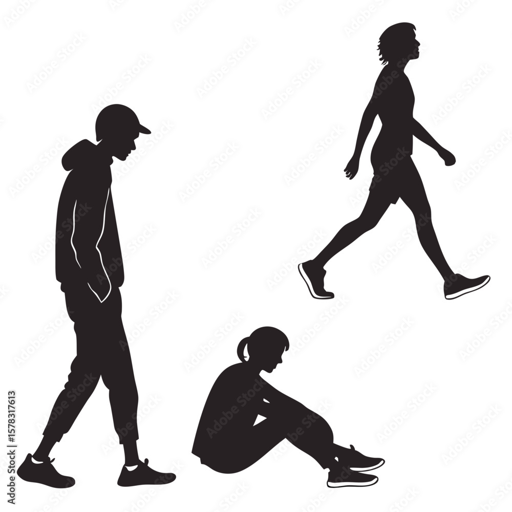 Obraz premium Black silhouettes of people walking and sitting vector