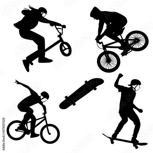 Black silhouettes of skateboarders and bmx riders performing tricks