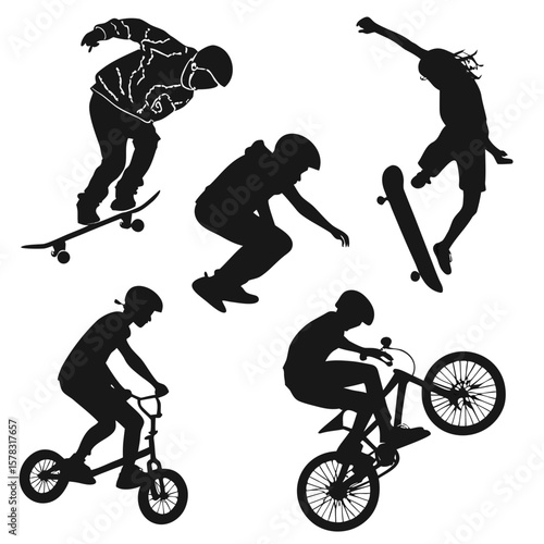 Black silhouettes of skateboarders and bmx riders performing tricks
