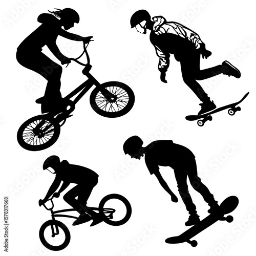 Black silhouettes of skateboarders and bmx riders performing tricks