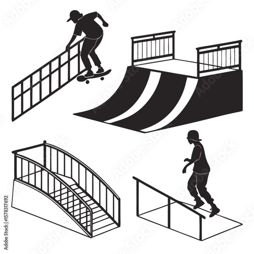 Black silhouettes of skateboarders performing tricks on ramps and rails