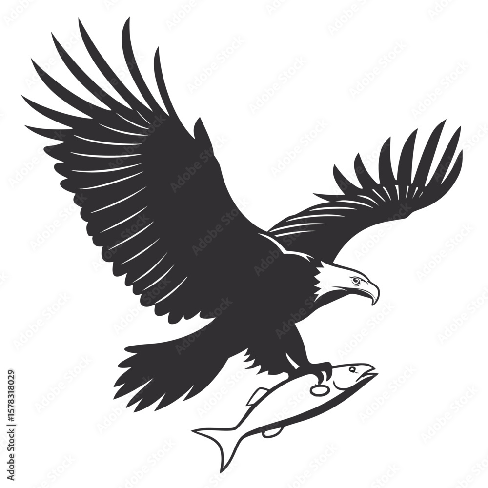 Fototapeta premium Black Silhouette Eagle Flying with Fish White Background