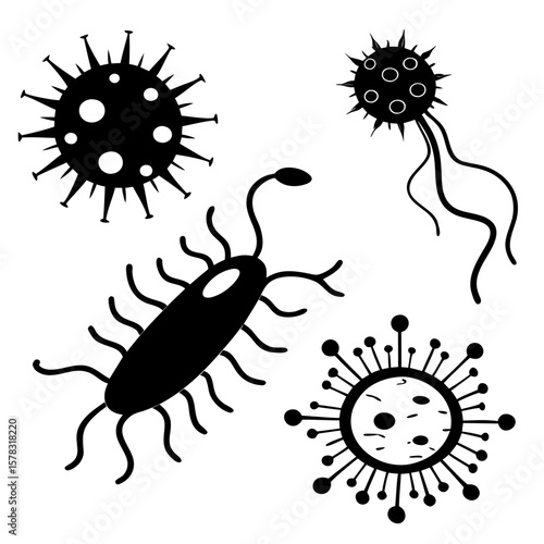 Black virus and bacteria silhouettes microbe microorganism
