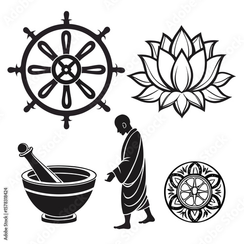 Buddhist symbols dharma wheel lotus monk mortar pestle