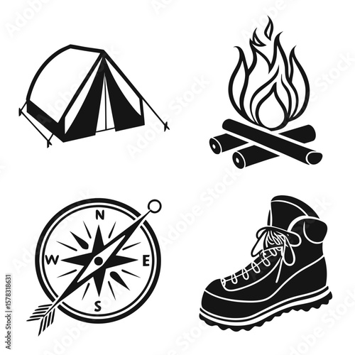 Camping and hiking icons tent campfire