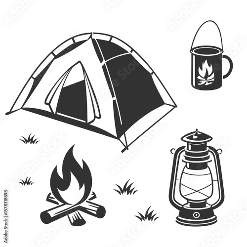 Camping tent campfire lantern mug with fire vector