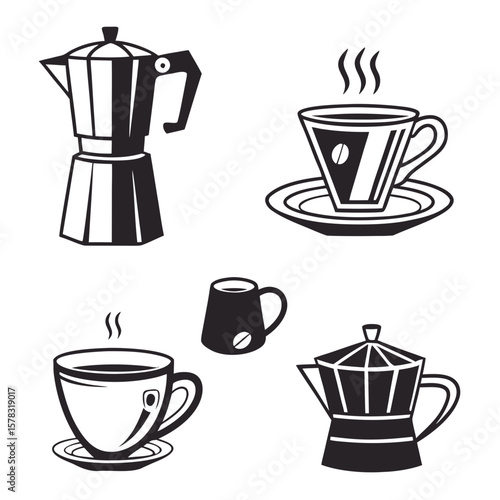 Coffee makers and steaming cups vector