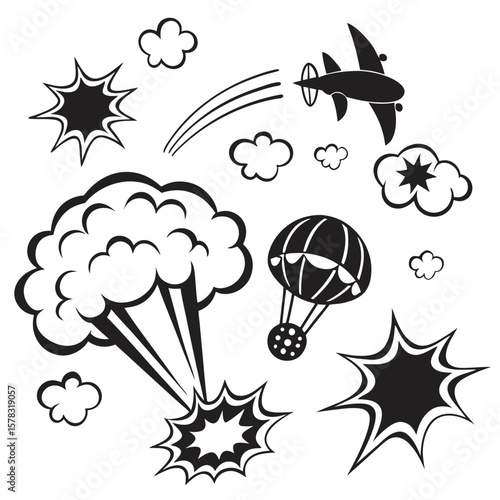 Comic style explosion shapes airplane parachute clouds