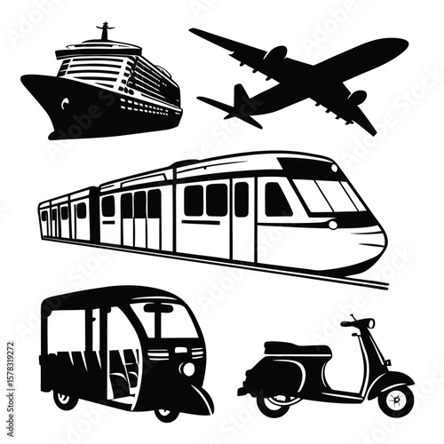 Cruise ship airplane train auto rickshaw scooter vector