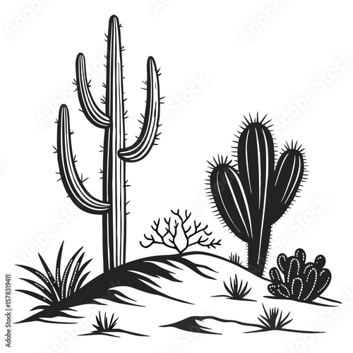Desert landscape with saguaro and prickly pear cacti