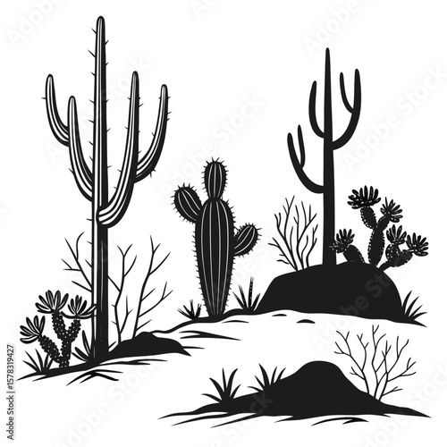 Desert landscape with various cacti and sparse vegetation