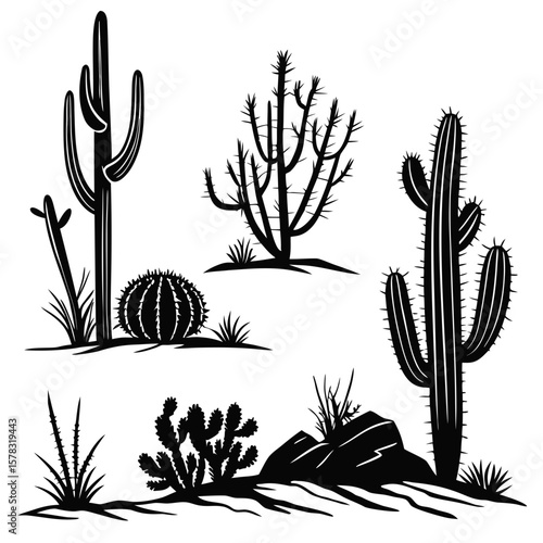 Desert plants silhouettes cactus succulent