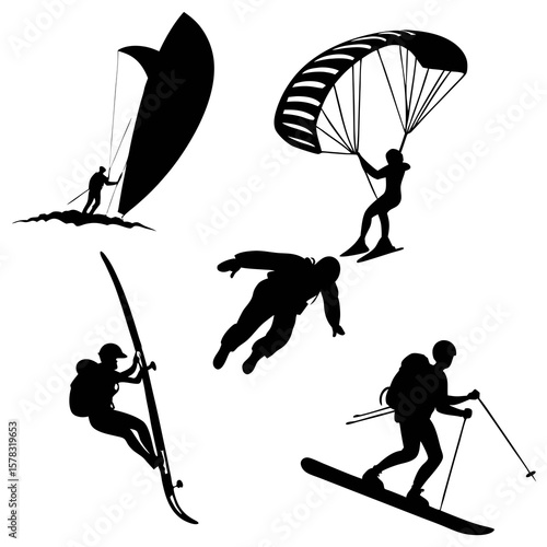 Diverse extreme sports silhouettes black on white adventure