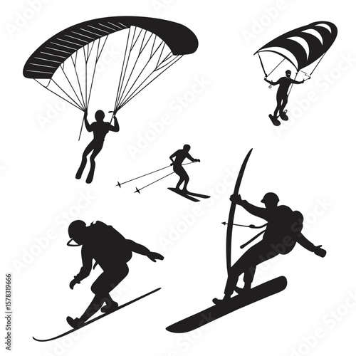 Diverse extreme sports silhouettes paragliding skiing snowboarding