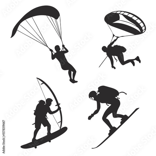 Diverse extreme sports silhouettes paragliding kitesurfing windsurfing snowboarding
