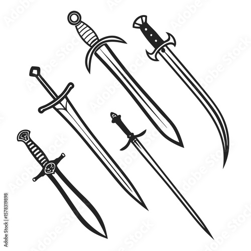 Diverse medieval weapon collection black ink sword