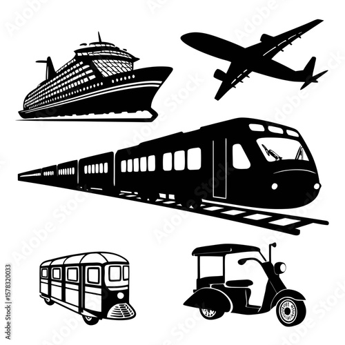 Diverse transportation modes silhouette collection