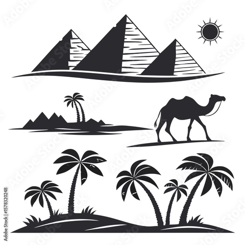 Egyptian pyramids camel palm trees desert sun vector