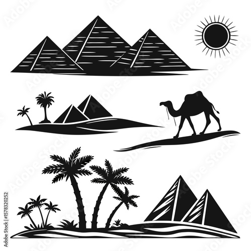 Egyptian pyramids desert oasis camel sun silhouettes
